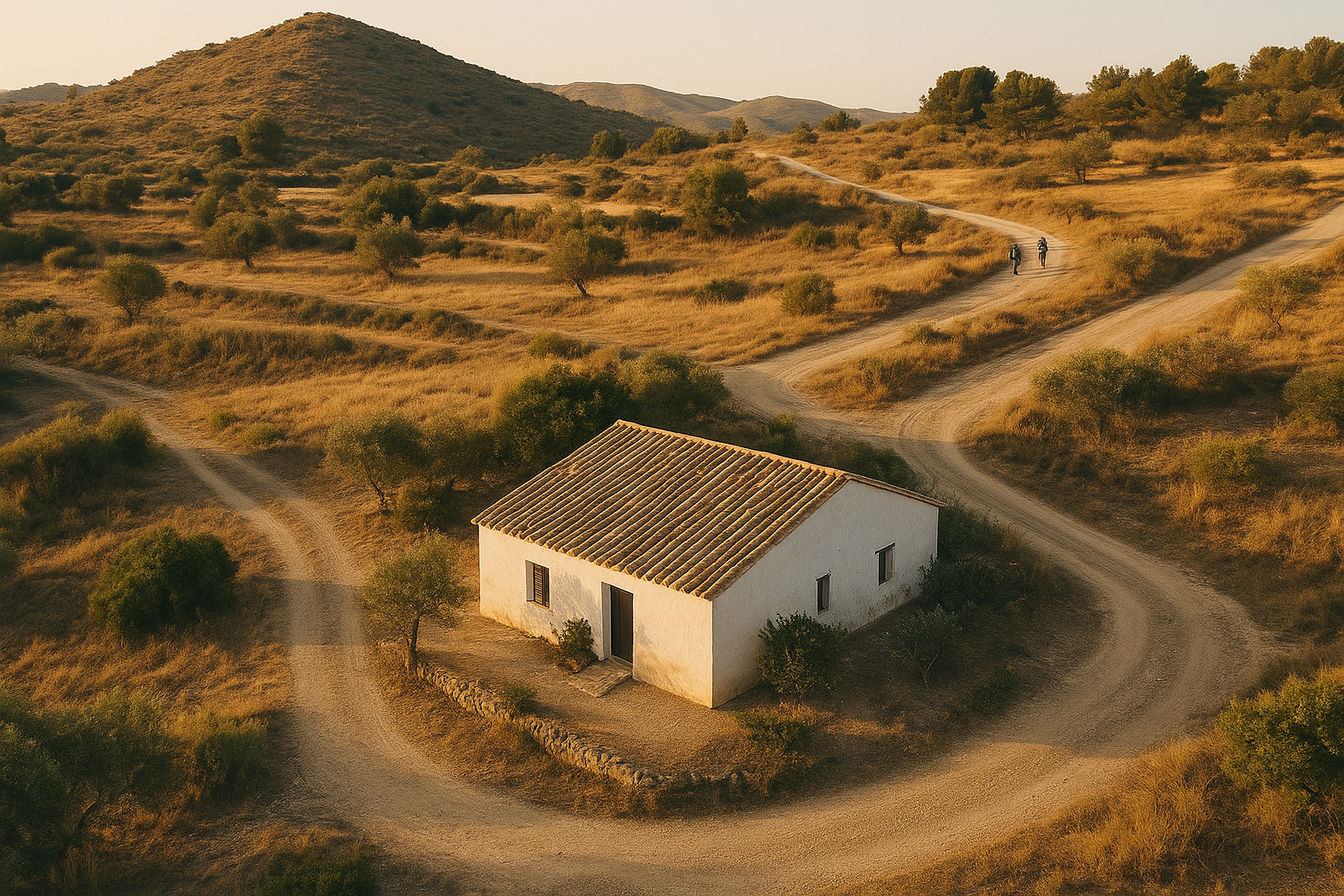 Casa rural en Murcia rodeada de colinas, senderistas y ciclistas en rutas cercanas