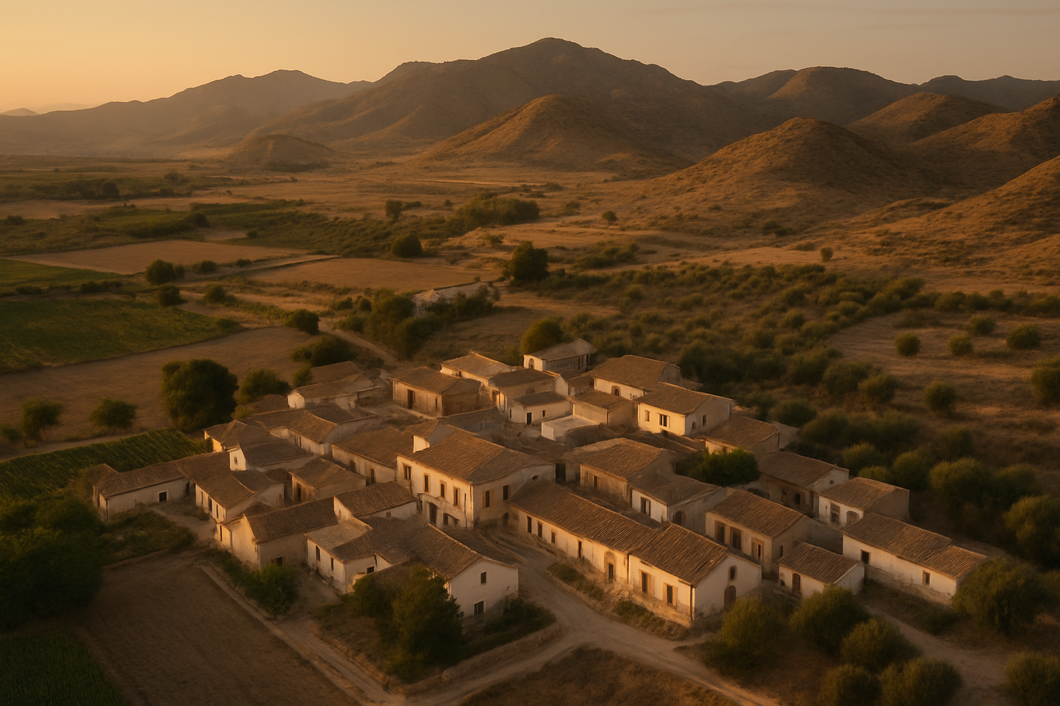 Vista aérea de un pueblo rural en Murcia con casas blancas, colinas secas y luz dorada al atardecer