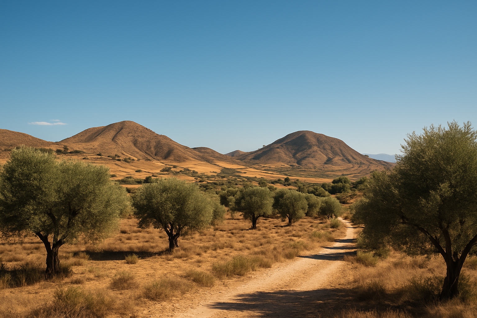 Paisaje seco de Murcia con colinas, cielo despejado y luz intensa en verano