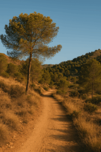 Sendero de tierra rodeado de pinos y matorral seco en la Sierra de Carrascoy, con cielo azul despejado y luz cálida